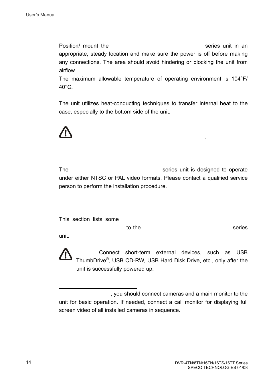 1 position the unit, 2 selecting video format, 3 connecting devices to the unit | Speco Technologies DVR-16TS User Manual | Page 15 / 148