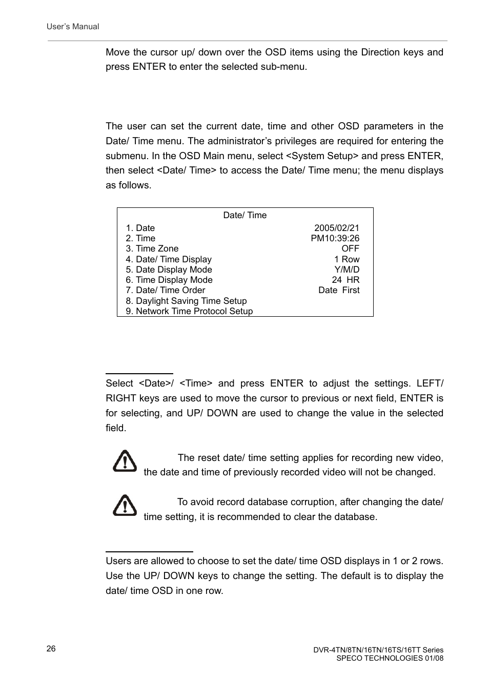 5 system date/ time setting, 1 set date/ time | Speco Technologies DVR-16TS User Manual | Page 27 / 148