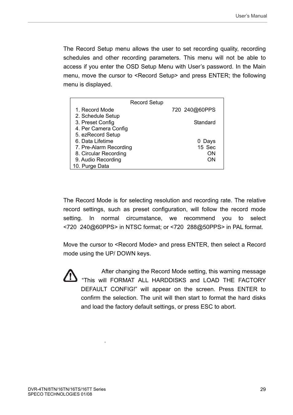 7 record schedule/ quality setting, 1 record mode | Speco Technologies DVR-16TS User Manual | Page 30 / 148