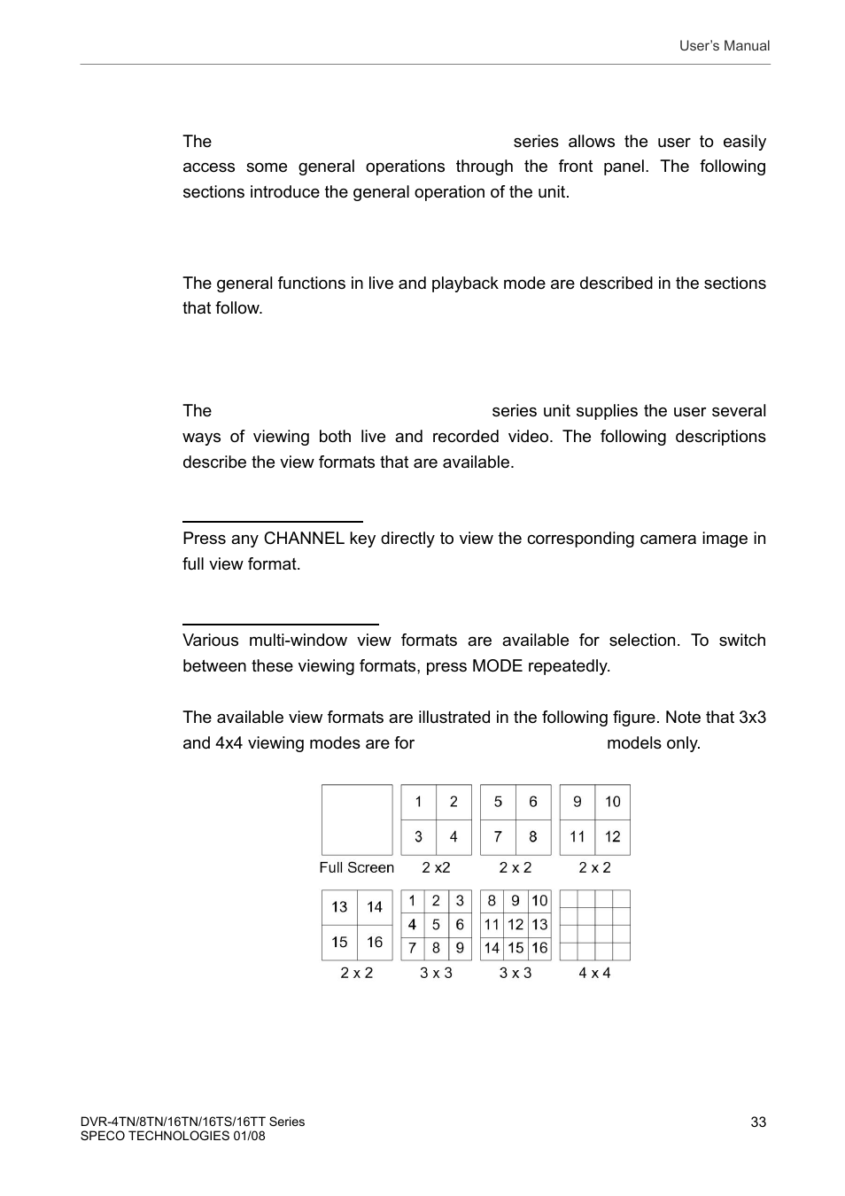 Basic operation, 1 viewing live/ playback video, 1 viewing modes | Speco Technologies DVR-16TS User Manual | Page 34 / 148