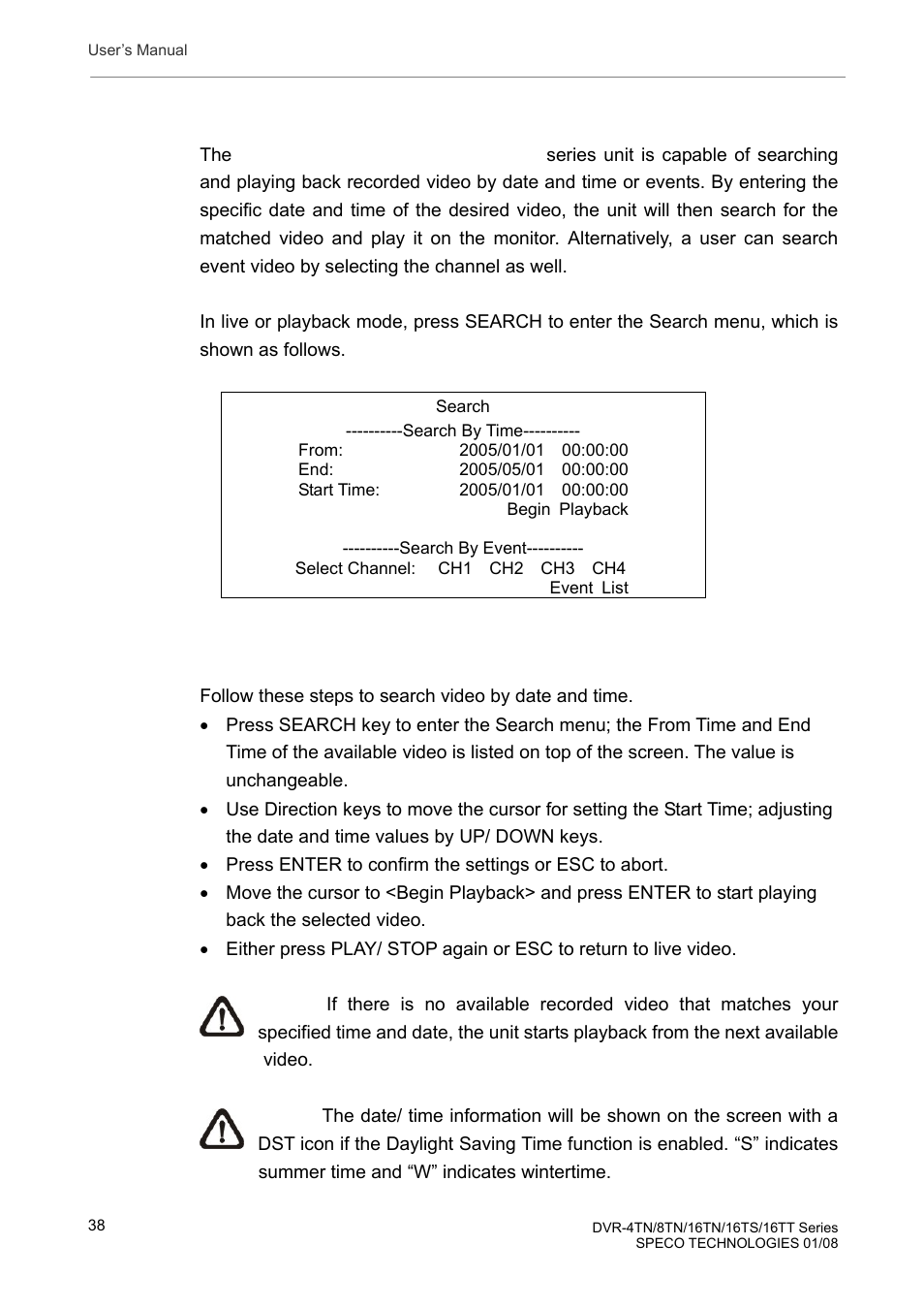 3 searching recorded video, 1 searching by time | Speco Technologies DVR-16TS User Manual | Page 39 / 148