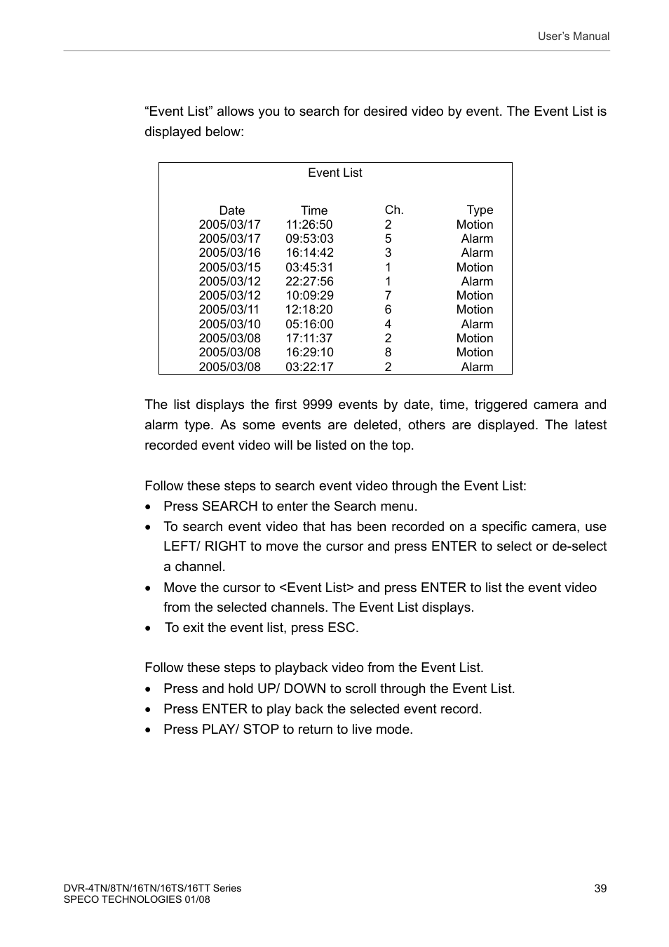 2 searching by event | Speco Technologies DVR-16TS User Manual | Page 40 / 148