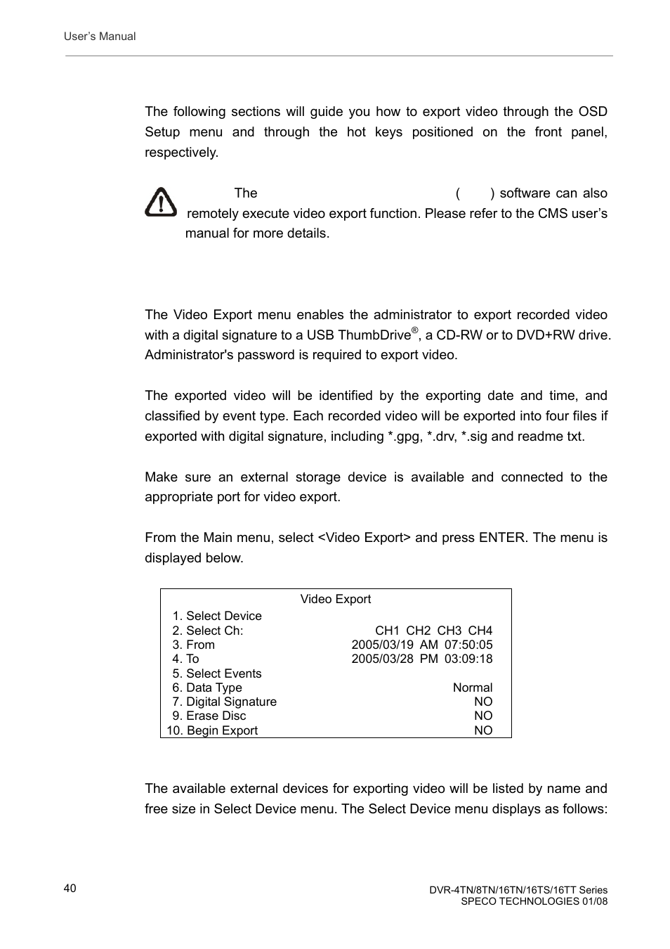 4 video export, 1 export from osd setup menu | Speco Technologies DVR-16TS User Manual | Page 41 / 148