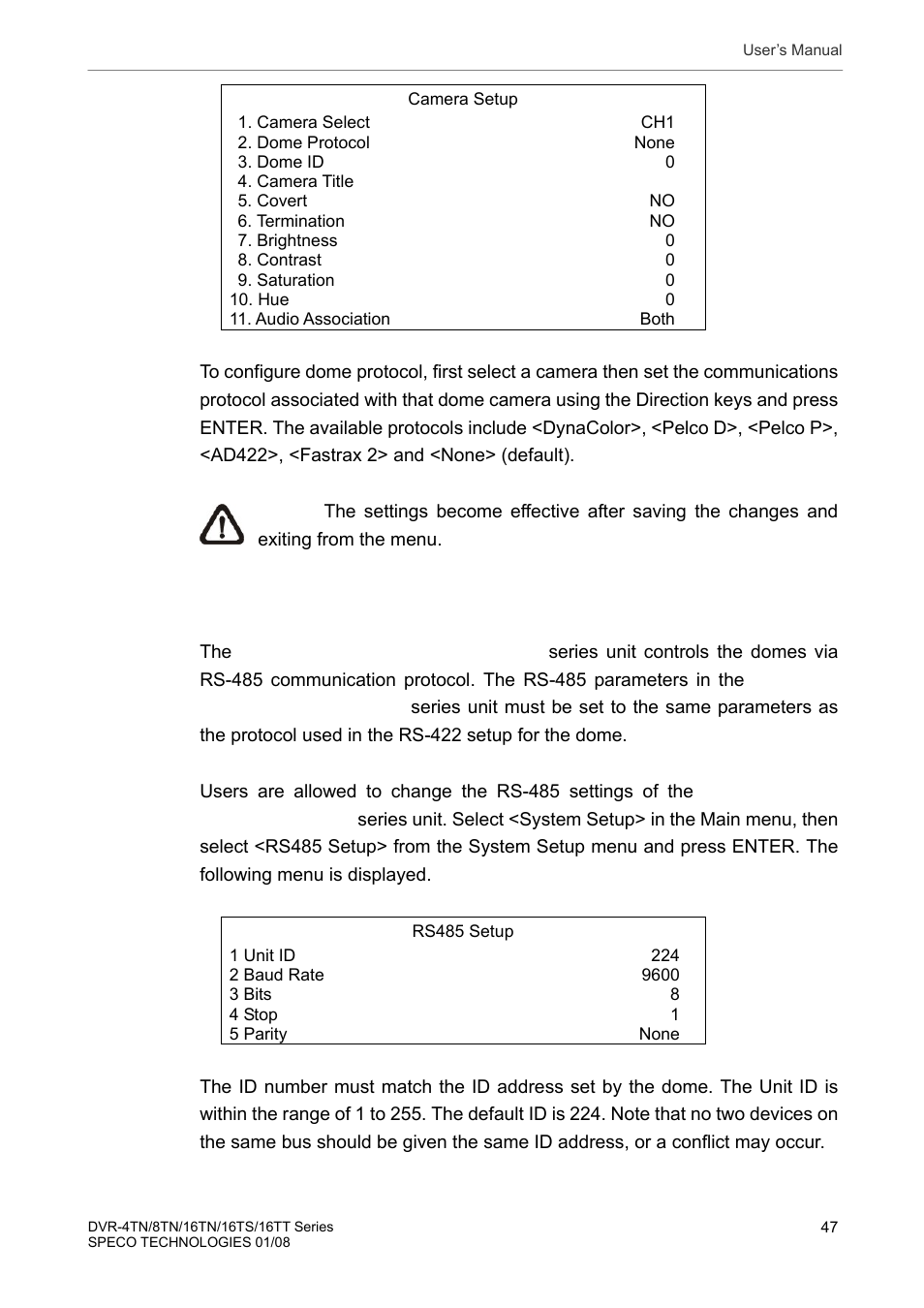 3 rs485 setup | Speco Technologies DVR-16TS User Manual | Page 48 / 148