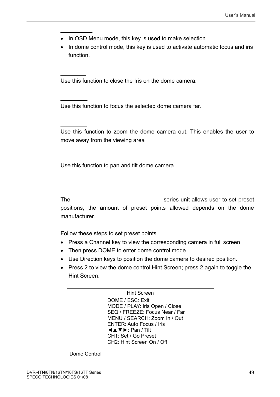 5 setting preset points | Speco Technologies DVR-16TS User Manual | Page 50 / 148