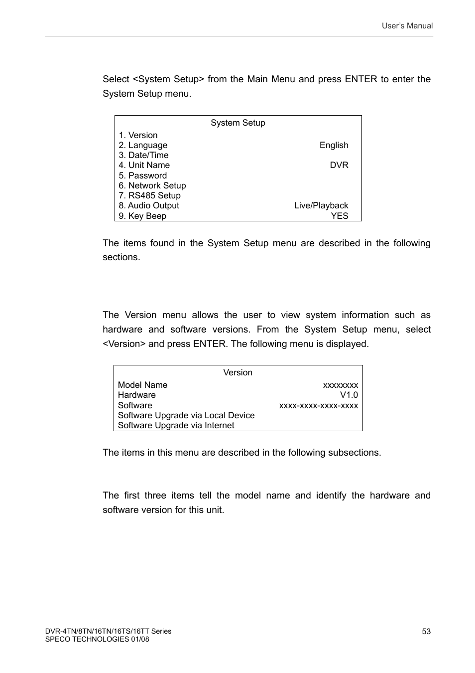 1 system setup, 1 version | Speco Technologies DVR-16TS User Manual | Page 54 / 148