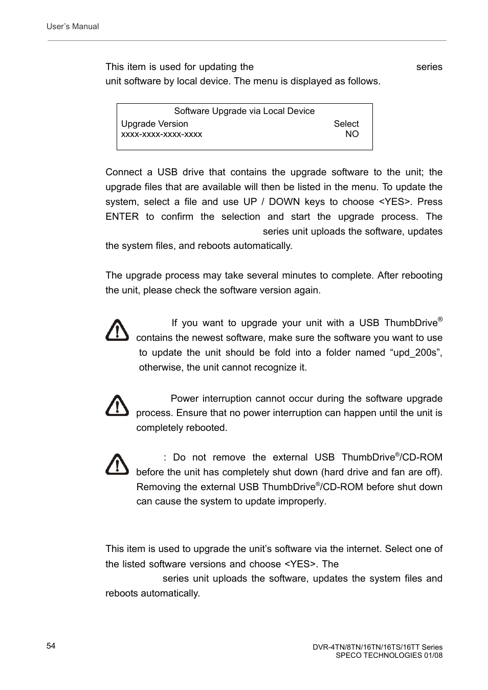 2 software upgrade via local device, 3 software upgrade via internet | Speco Technologies DVR-16TS User Manual | Page 55 / 148