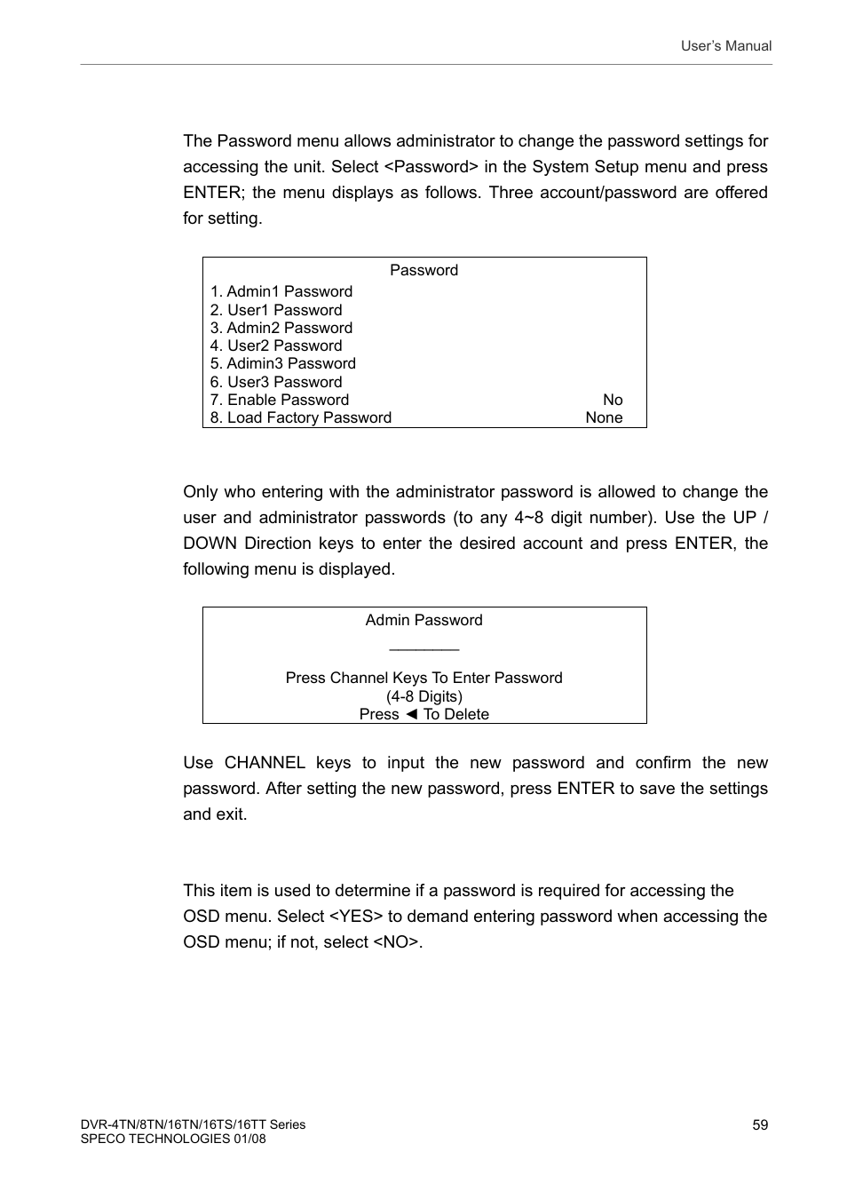 5 password, 1 admin / user password(s), 2 enable password | Speco Technologies DVR-16TS User Manual | Page 60 / 148
