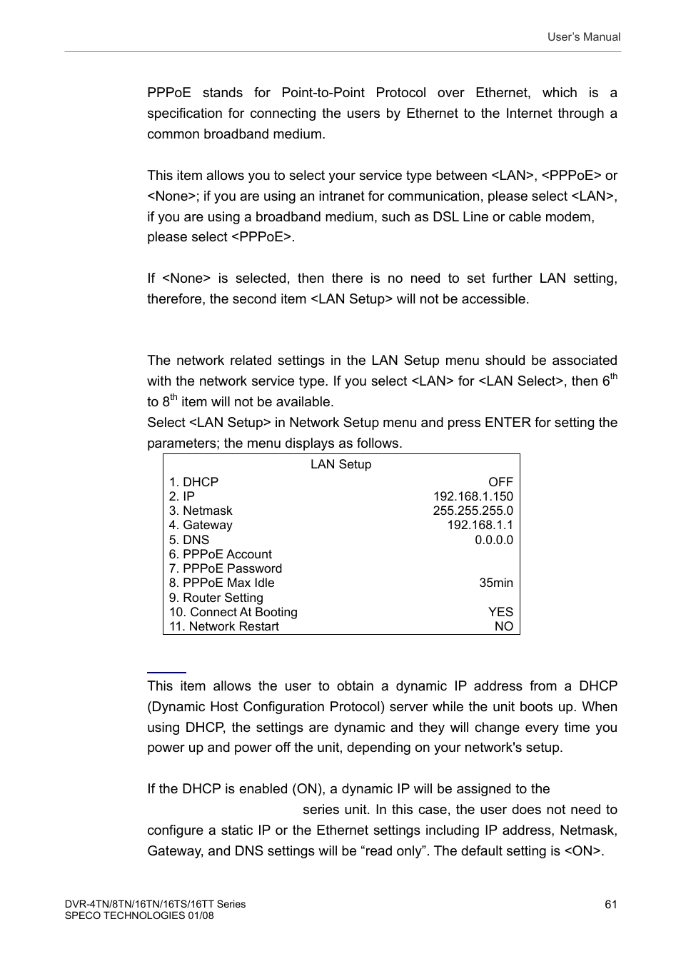 1 lan select, 2 lan setup | Speco Technologies DVR-16TS User Manual | Page 62 / 148