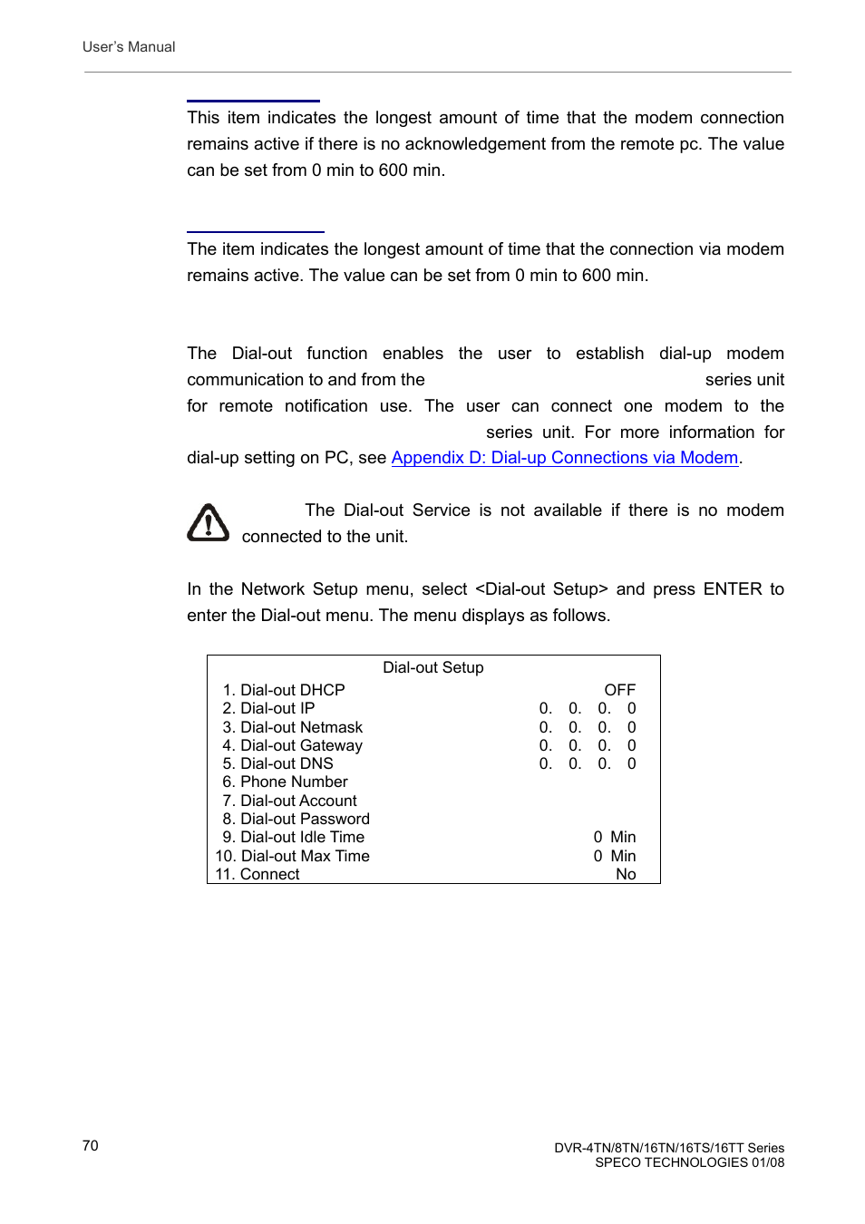 4 dial-out setup | Speco Technologies DVR-16TS User Manual | Page 71 / 148