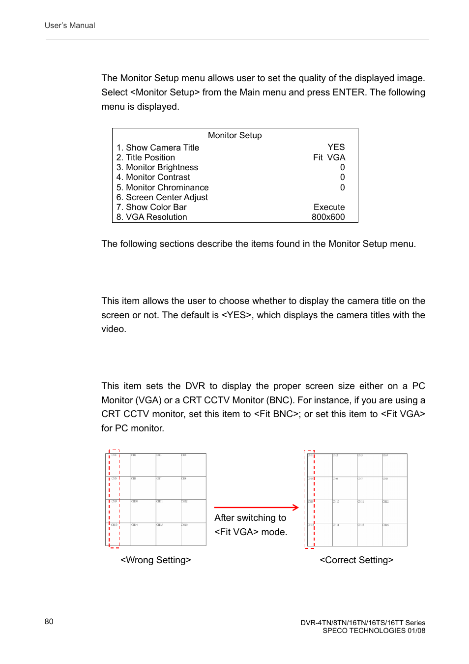 2 monitor setup, 1 show camera title, 2 title position | Speco Technologies DVR-16TS User Manual | Page 81 / 148