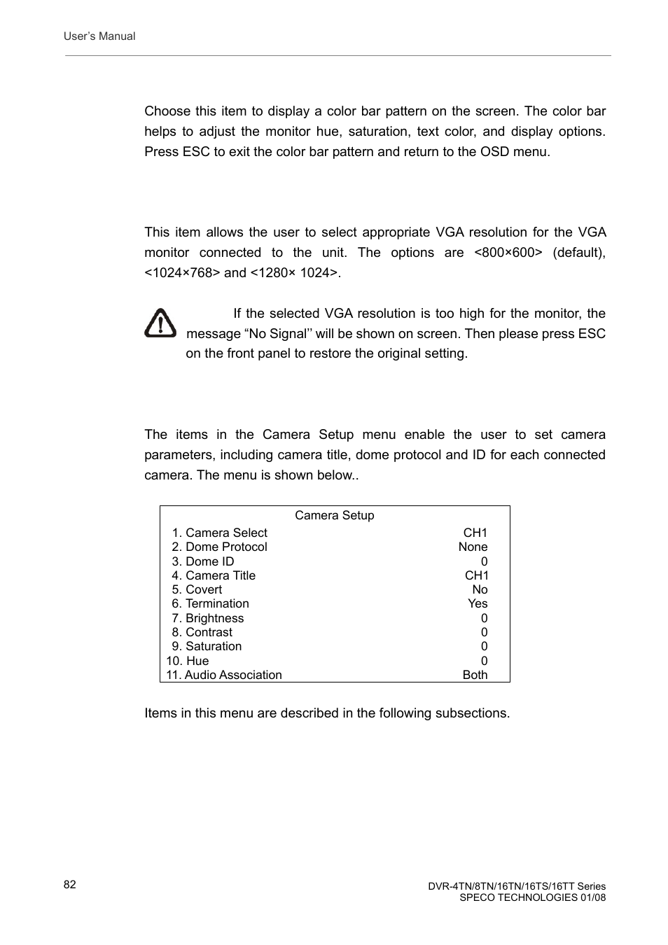 3 camera setup, 7 show color bar, 8 vga resolution | Speco Technologies DVR-16TS User Manual | Page 83 / 148