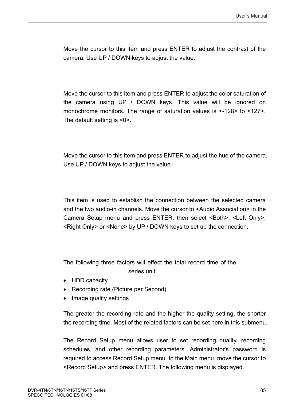 4 record setup, 8 contrast, 9 saturation | 10 hue, 11 audio association | Speco Technologies DVR-16TS User Manual | Page 86 / 148