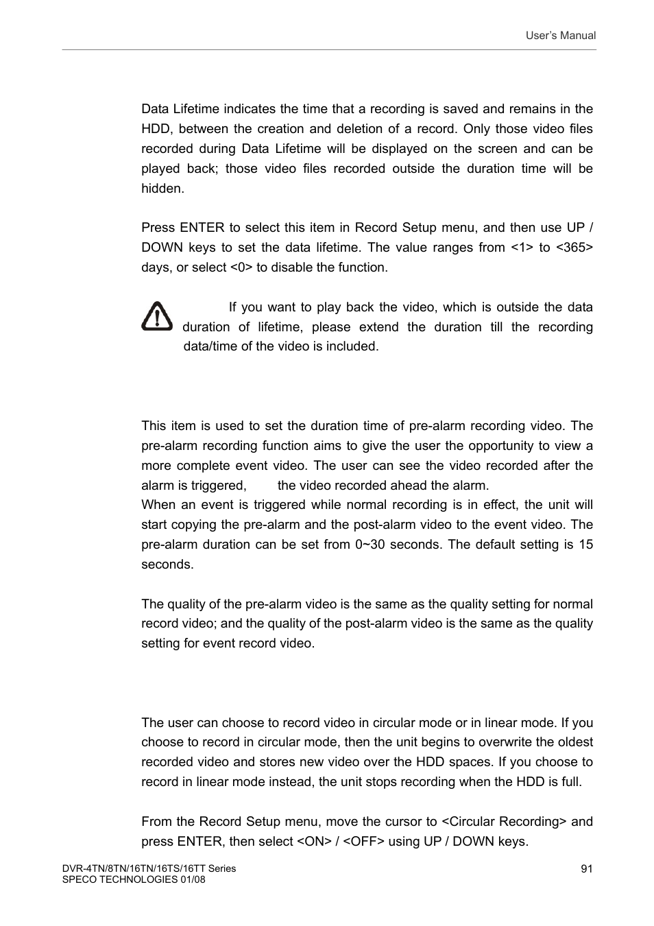 6 data lifetime, 7 pre-alarm recording, 8 circular recording | Speco Technologies DVR-16TS User Manual | Page 92 / 148
