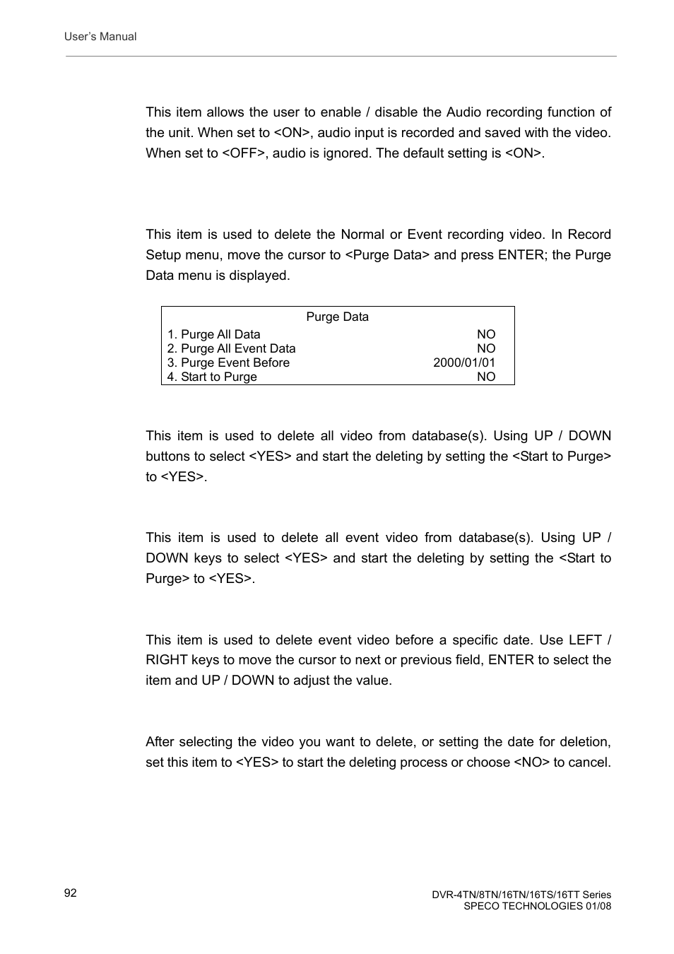 9 audio recording, 10 purge data | Speco Technologies DVR-16TS User Manual | Page 93 / 148