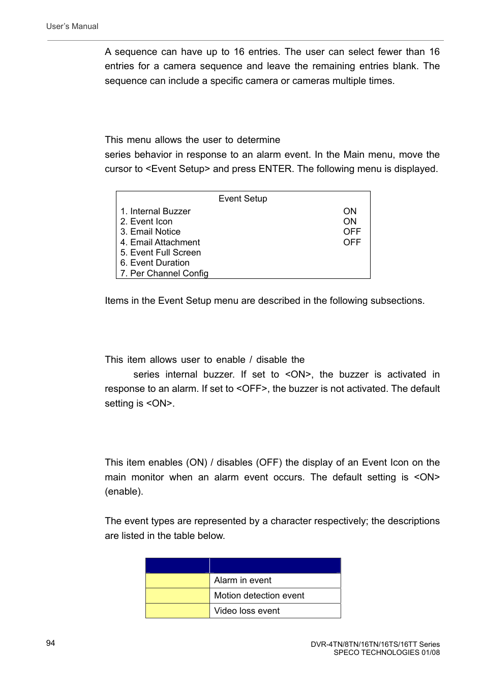 6 event setup, 1 internal buzzer, 2 event icon | Speco Technologies DVR-16TS User Manual | Page 95 / 148