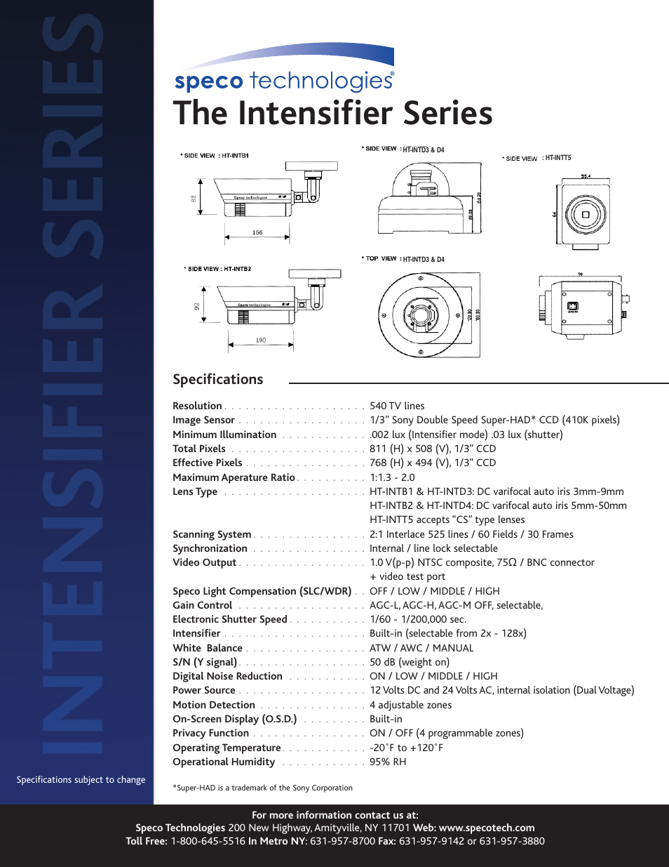 The intensifier series, Specifications | Speco Technologies HT-INTB2 User Manual | Page 2 / 2