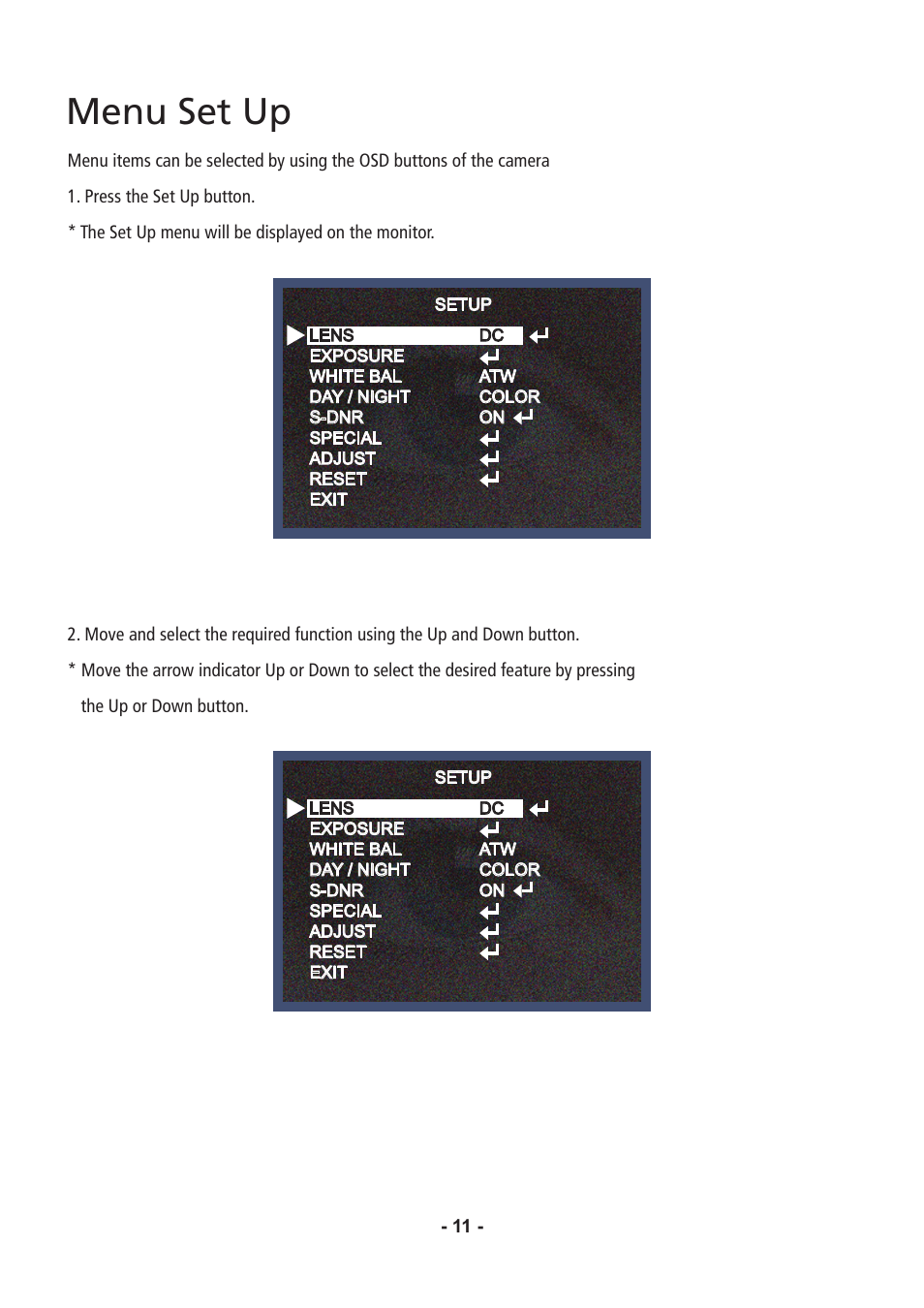 Menu set up | Speco Technologies Color Dome Light Camera VL647iLT User Manual | Page 11 / 36