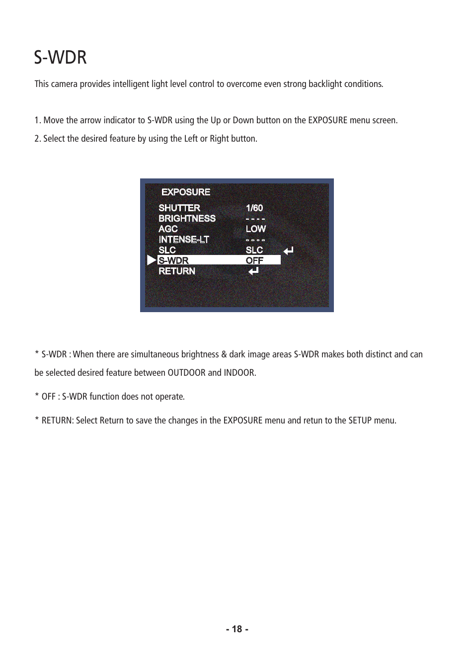 S-wdr | Speco Technologies Color Dome Light Camera VL647iLT User Manual | Page 18 / 36