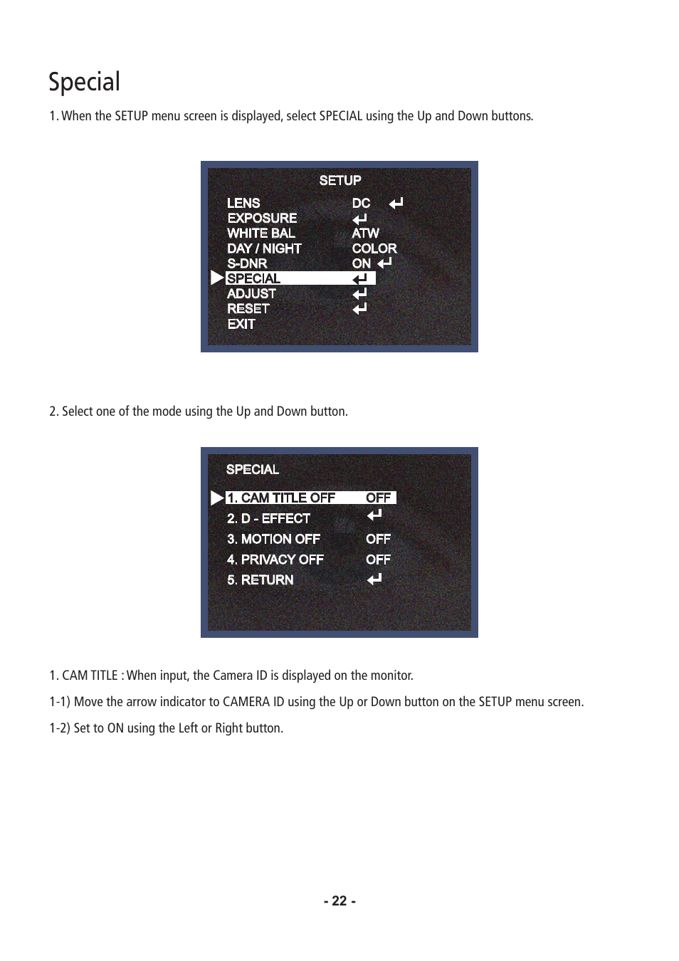 Special | Speco Technologies Color Dome Light Camera VL647iLT User Manual | Page 22 / 36