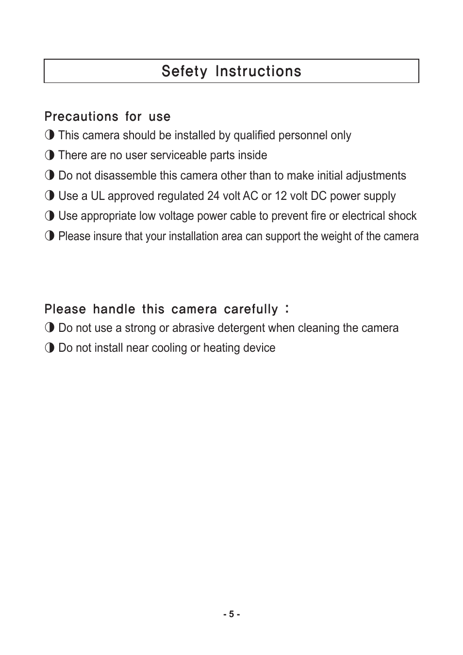 Sefety instructions | Speco Technologies Color Dome Light Camera VL647iLT User Manual | Page 5 / 36