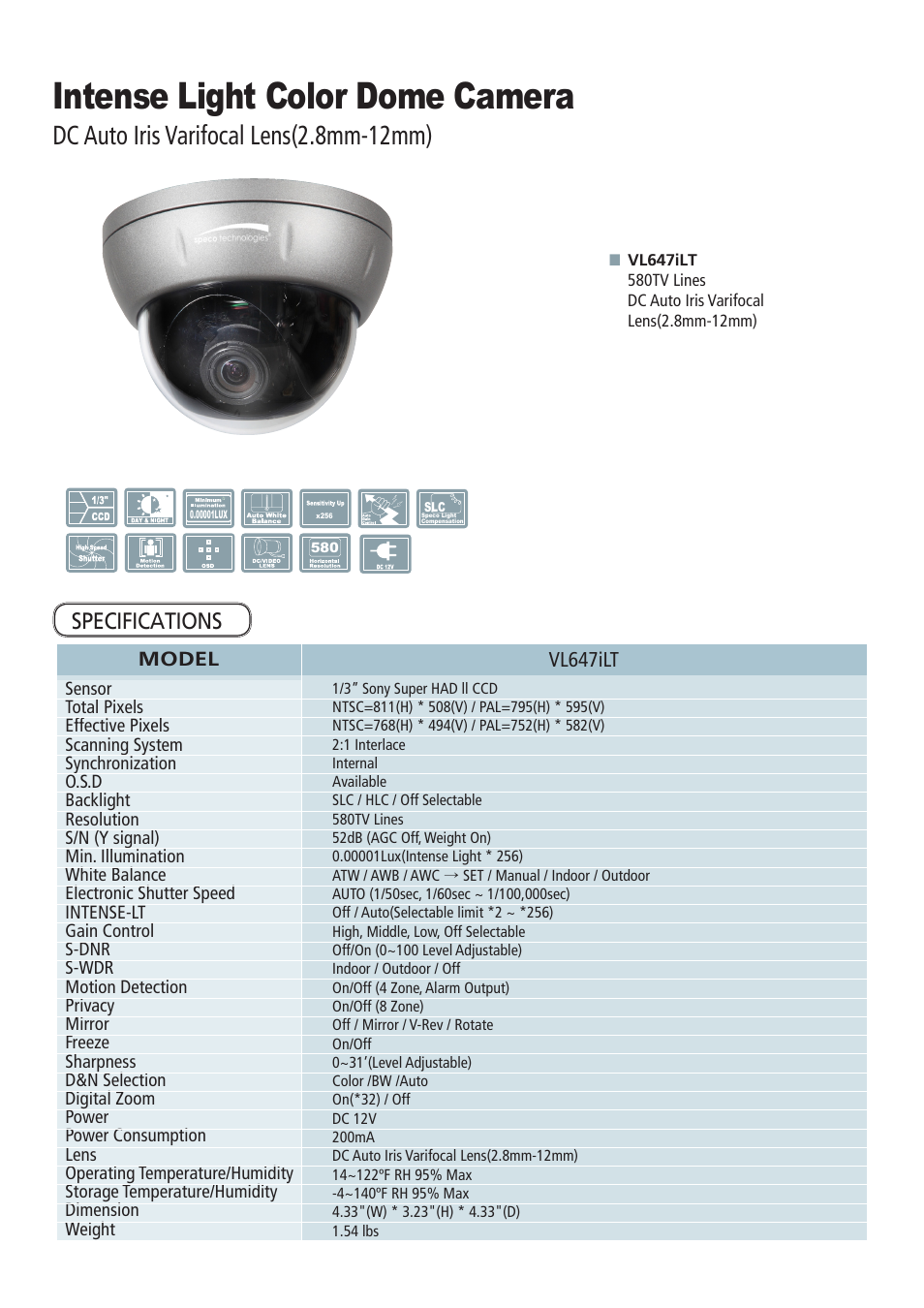 Intense light color dome camera, Dc auto iris varifocal lens(2.8mm-12mm), Specifications | Speco Technologies Color Dome Light Camera VL647iLT User Manual | Page 6 / 36