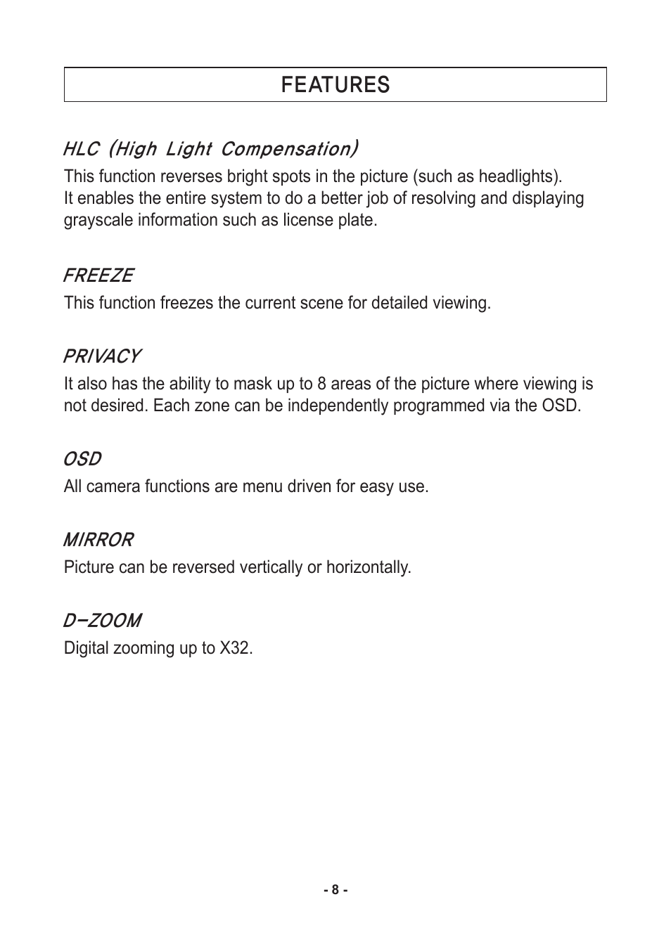 Features | Speco Technologies Color Dome Light Camera VL647iLT User Manual | Page 8 / 36