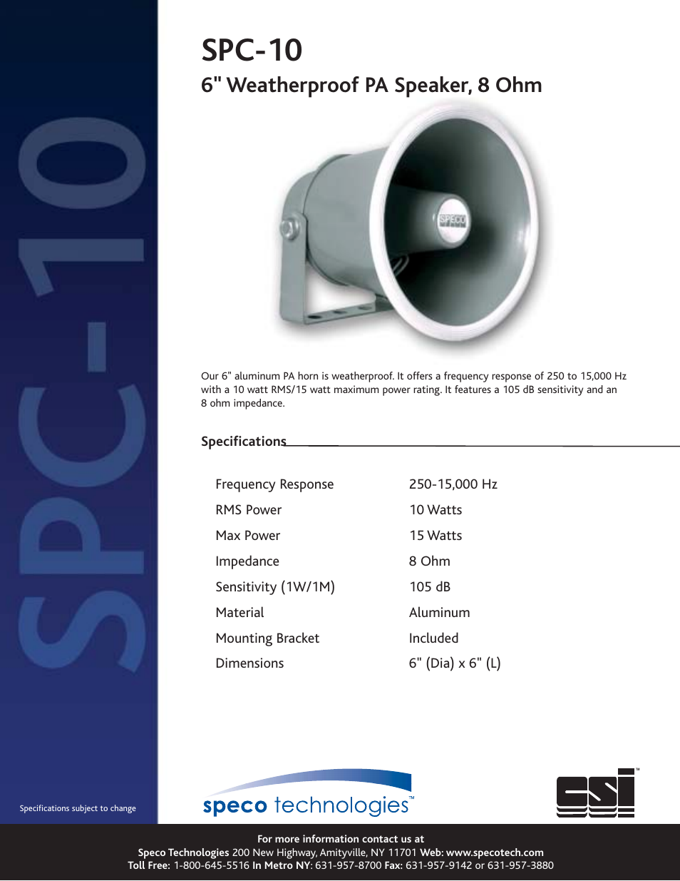 Speco Technologies SPC-10 User Manual | 1 page