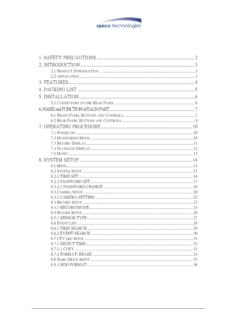 Index, Safety precautions 2. introduction, Features 4. packing list 5. installation | Name and function of each part, Operating procedure, System setup | Speco Technologies DVR-4CF User Manual | Page 2 / 38