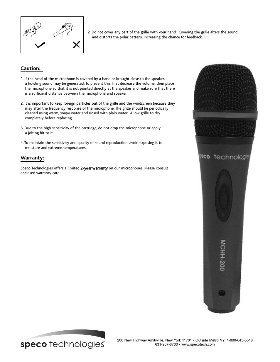 Caution, Warranty | Speco Technologies MCHH-200 User Manual | Page 2 / 2