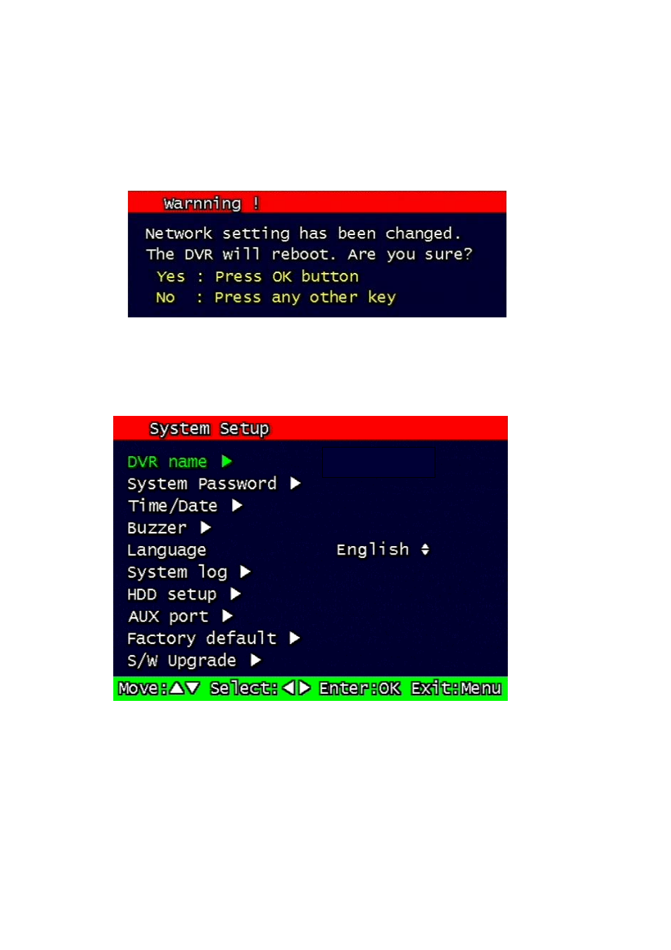 7 changing the network configuration, 7 system setup screen, Changing the network configuration | Ystem, Etup screen | Speco Technologies DVR-T4IP User Manual | Page 57 / 126