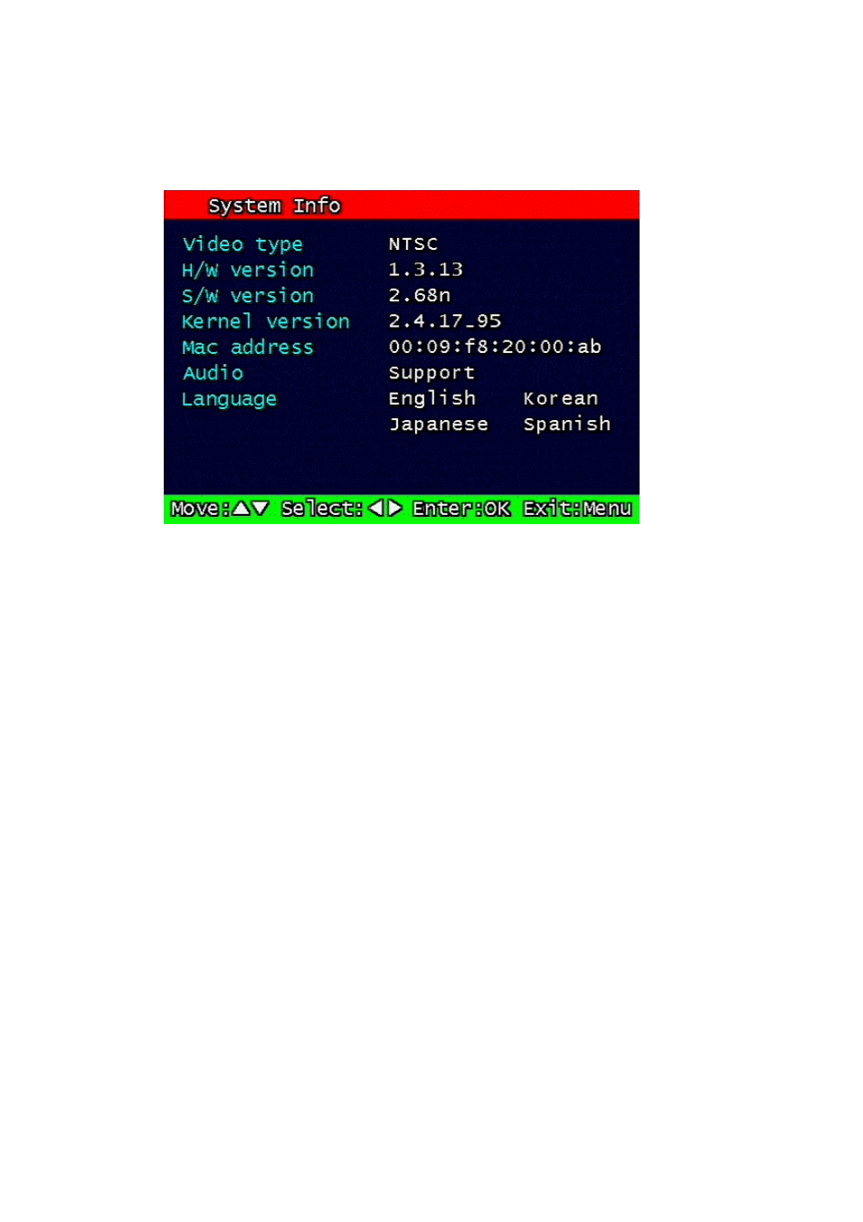 9 system information, 1 video type, 2 h/w version | 3 s/w version, 4 kernel version, 5 mac address, Ystem, Nformation, Video type, H/w version | Speco Technologies DVR-T4IP User Manual | Page 69 / 126