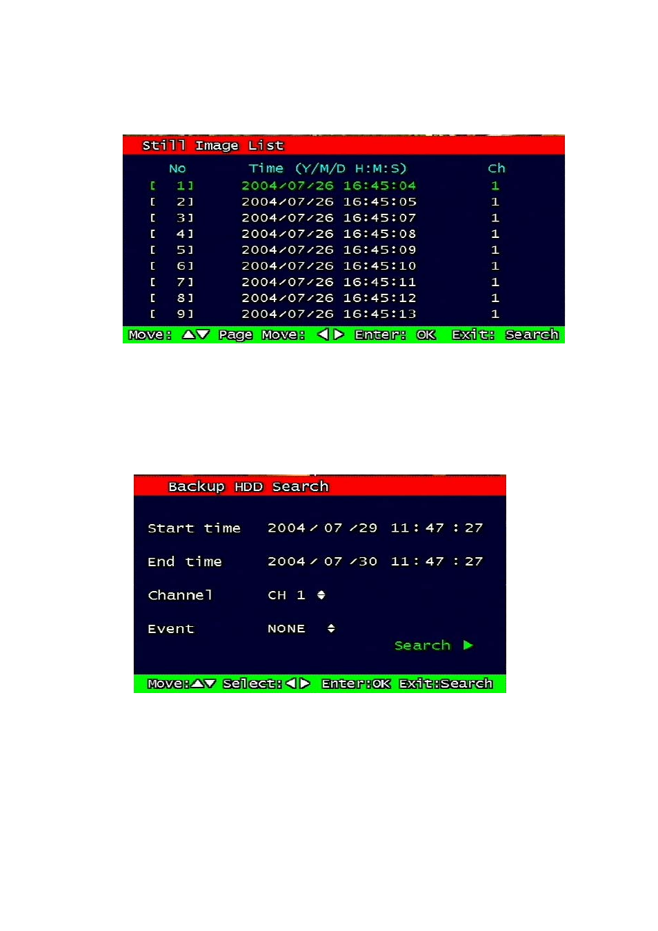 1 screen of search, 3 search of back up hdd, Screen of search | Search of back up hdd | Speco Technologies DVR-T4IP User Manual | Page 72 / 126