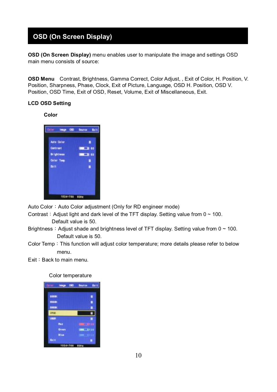 Osd (on screen display) | Speco Technologies FCCE VGA19LCD User Manual | Page 10 / 304