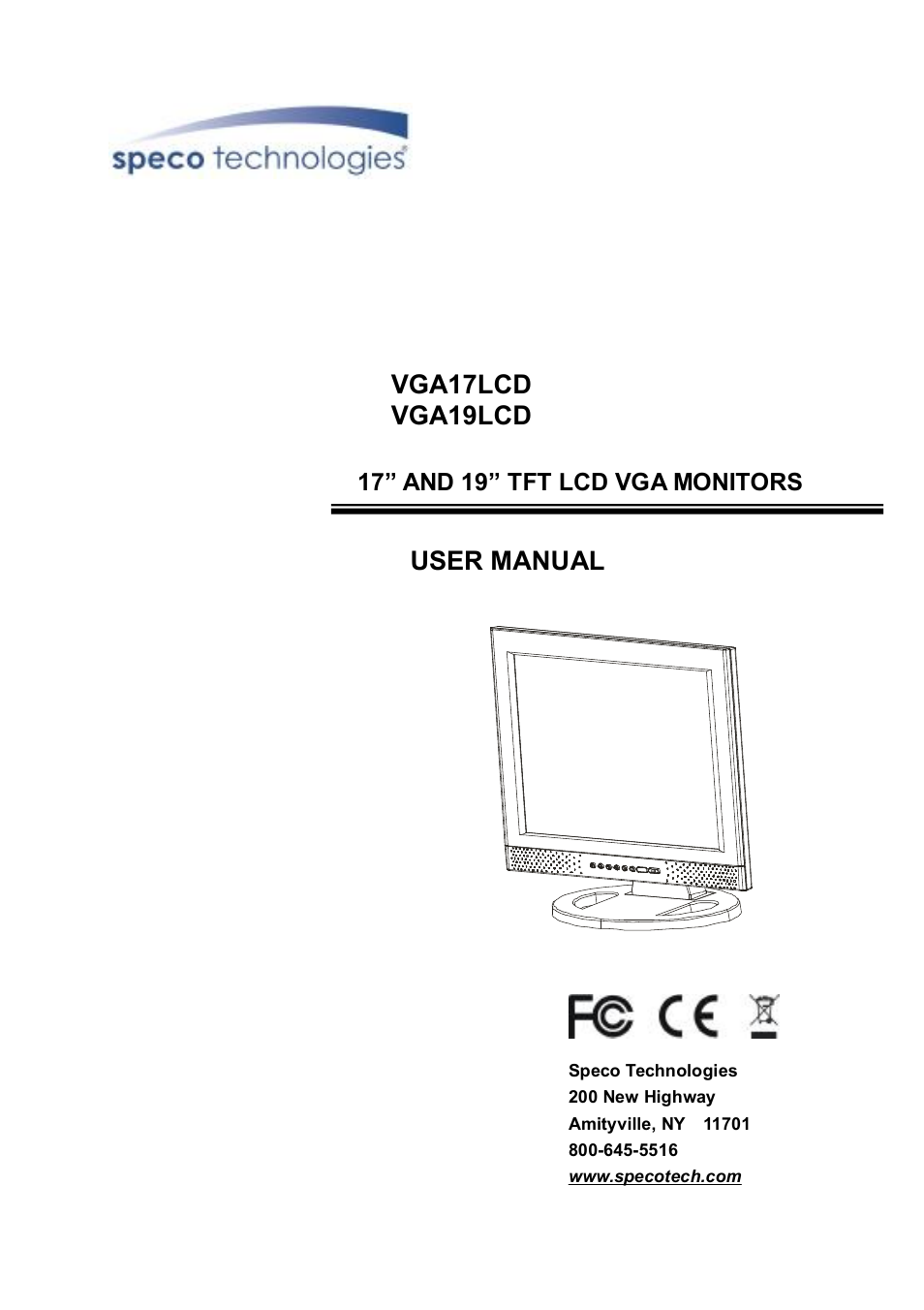 Vga17lcd vga19lcd, User manual, 17” and 19” tft lcd vga monitors | Speco Technologies FCCE VGA19LCD User Manual | Page 289 / 304