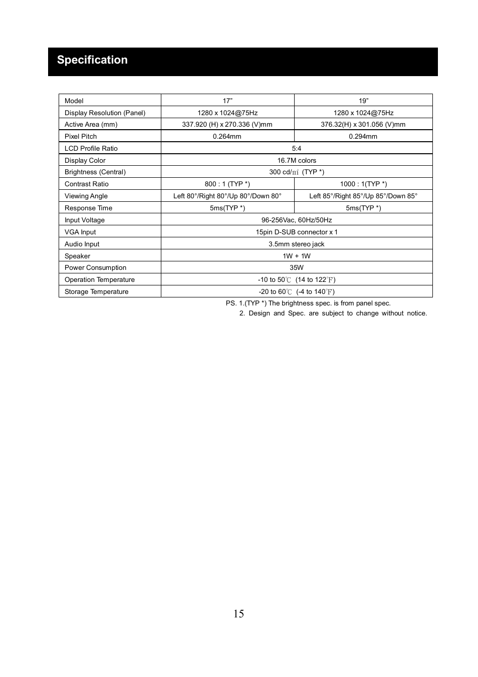 Specification | Speco Technologies FCCE VGA19LCD User Manual | Page 47 / 304