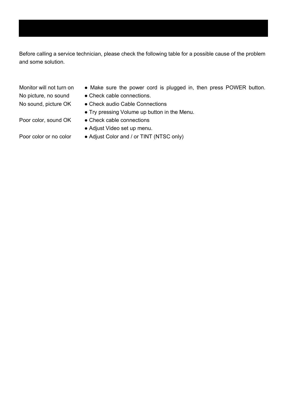 Troubleshooting | Speco Technologies VM-HT19LCD User Manual | Page 18 / 20
