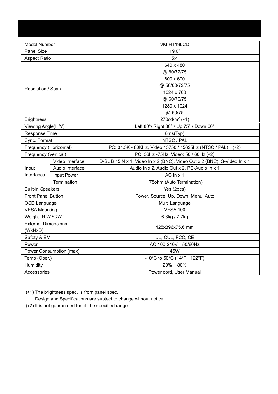 Lcd color monitor specification | Speco Technologies VM-HT19LCD User Manual | Page 19 / 20