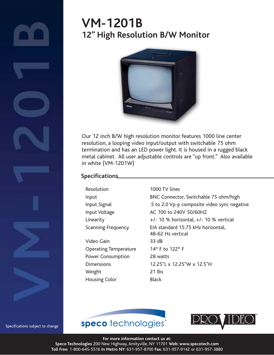 Speco Technologies VM-1201B User Manual | 1 page