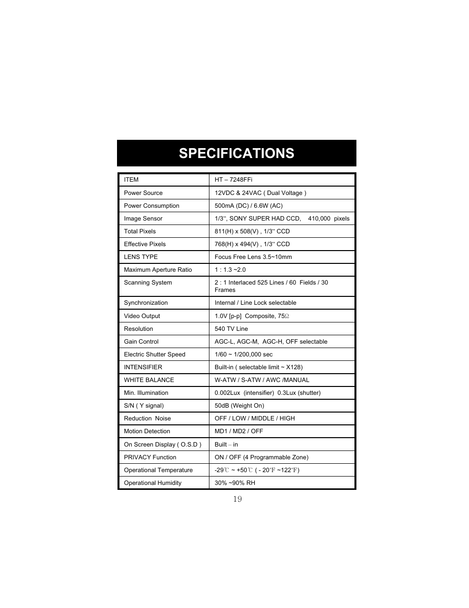 Specifications | Speco Technologies HT-7248FFI User Manual | Page 20 / 24