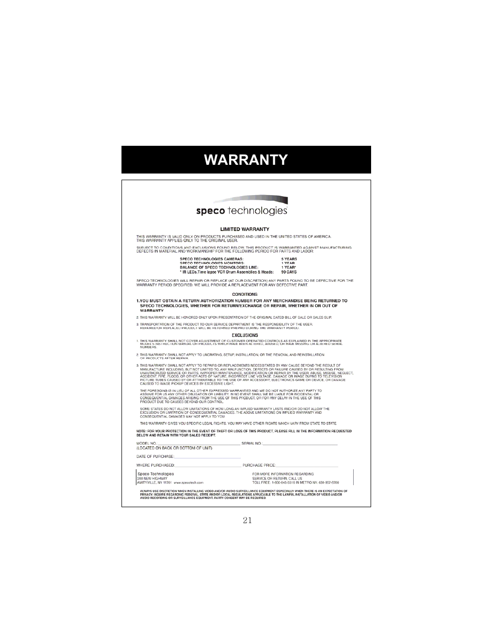 Warranty | Speco Technologies HT-7248FFI User Manual | Page 22 / 24