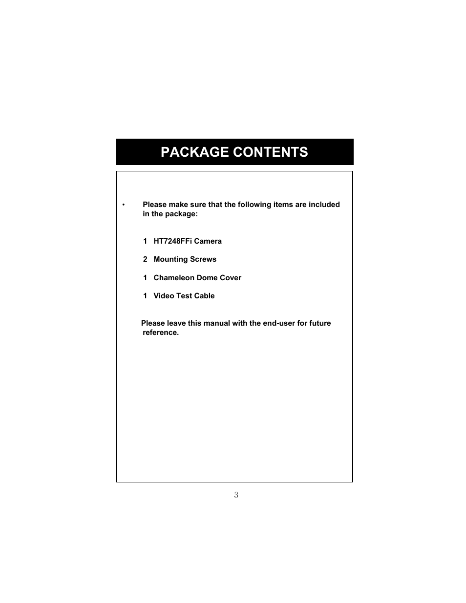 Package contents | Speco Technologies HT-7248FFI User Manual | Page 4 / 24