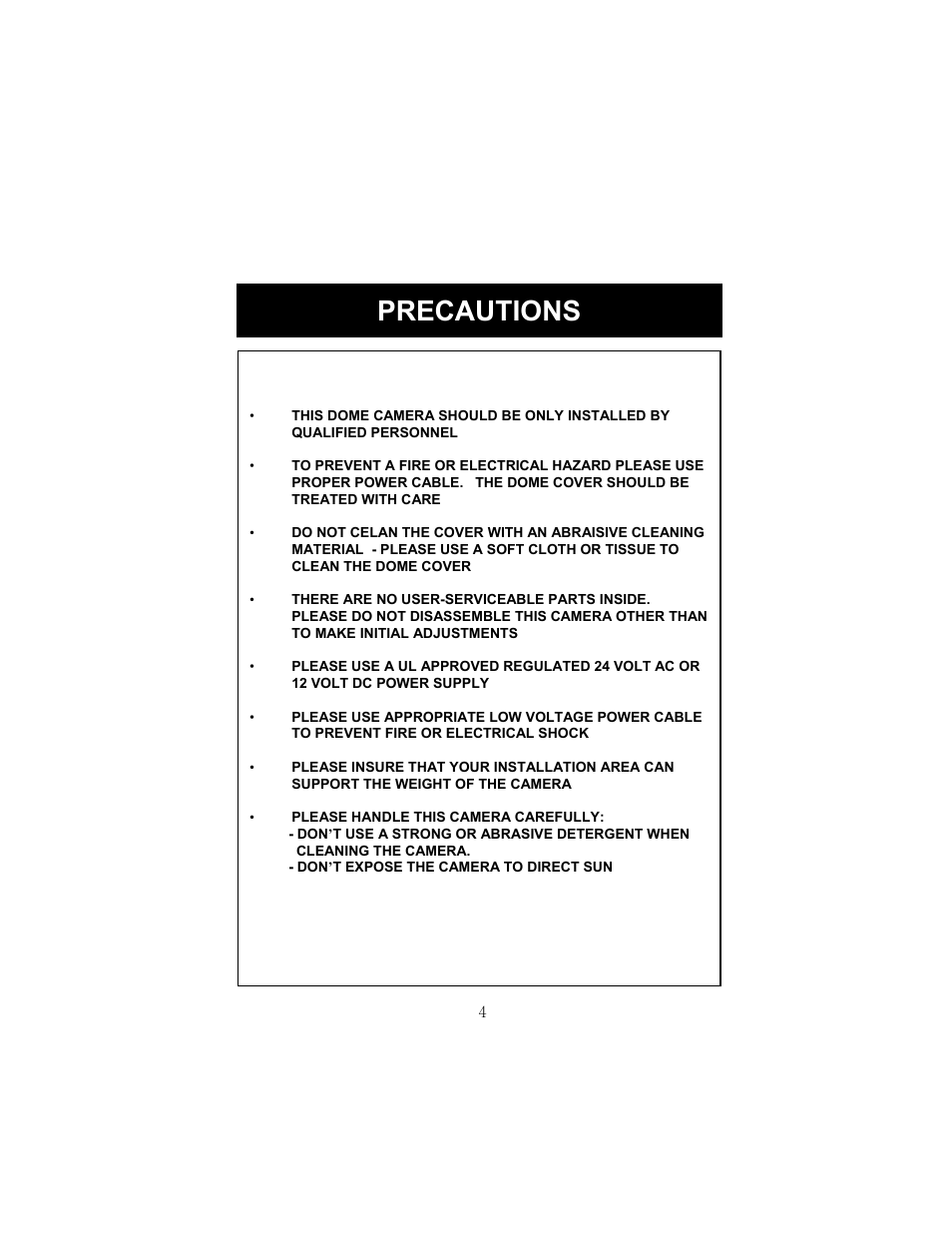 Precautions | Speco Technologies HT-7248FFI User Manual | Page 5 / 24