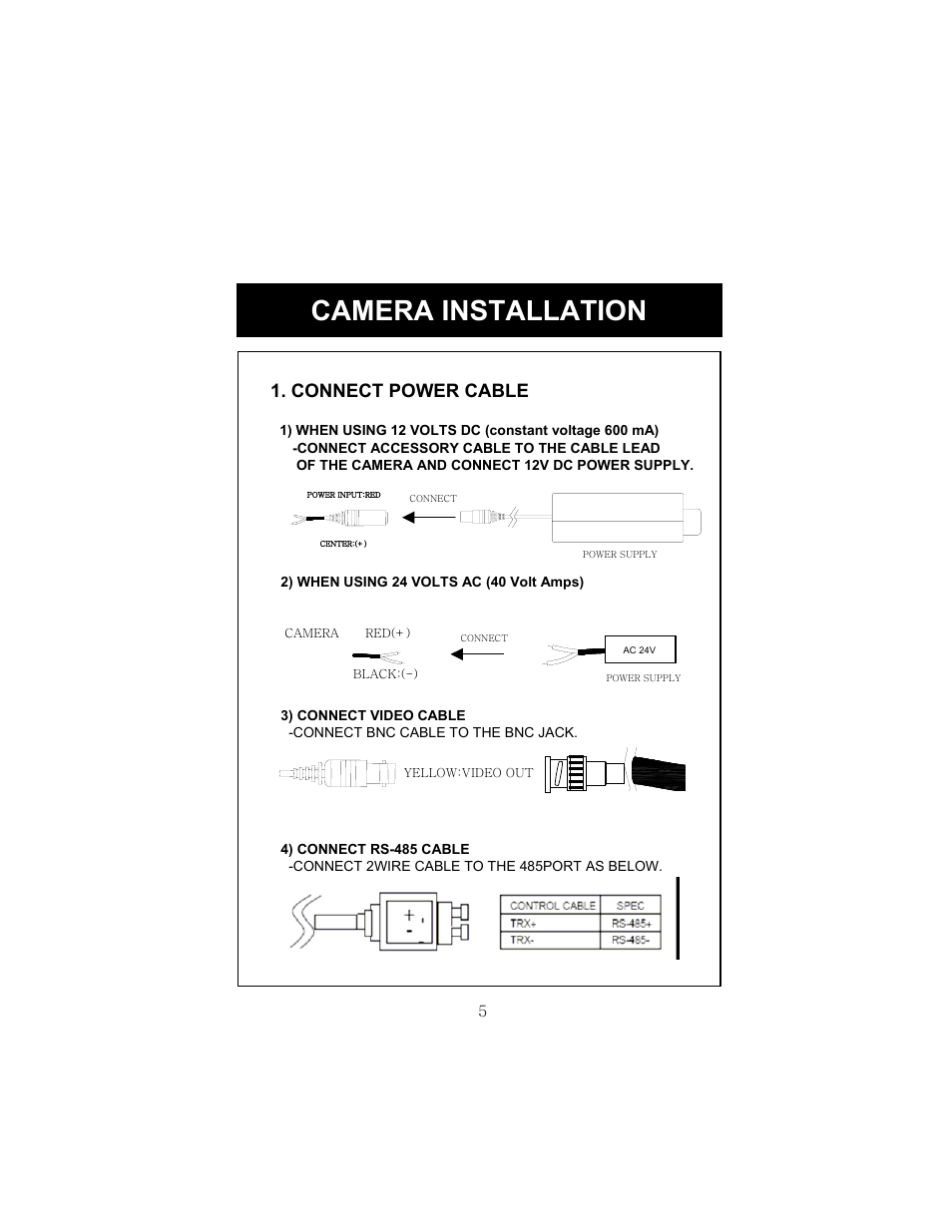 Camera installation, Connect power cable | Speco Technologies HT-7248FFI User Manual | Page 6 / 24