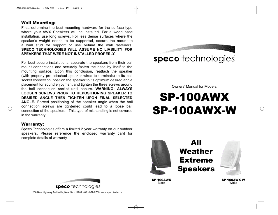 Speco Technologies SP-100AWX-W User Manual | 2 pages