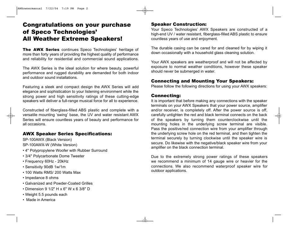 Speco Technologies SP-100AWX-W User Manual | Page 2 / 2