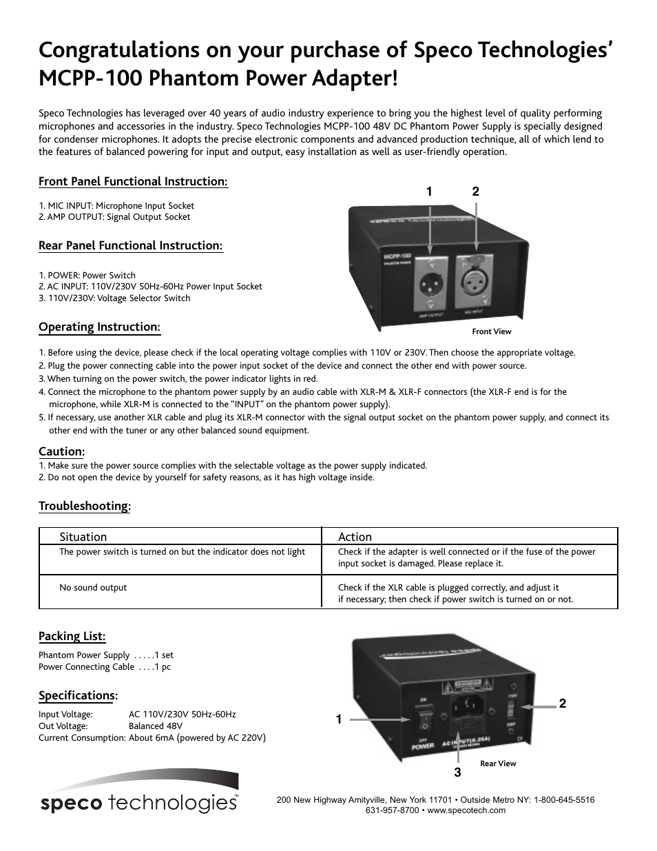 Speco Technologies MCPP-100 User Manual | 1 page