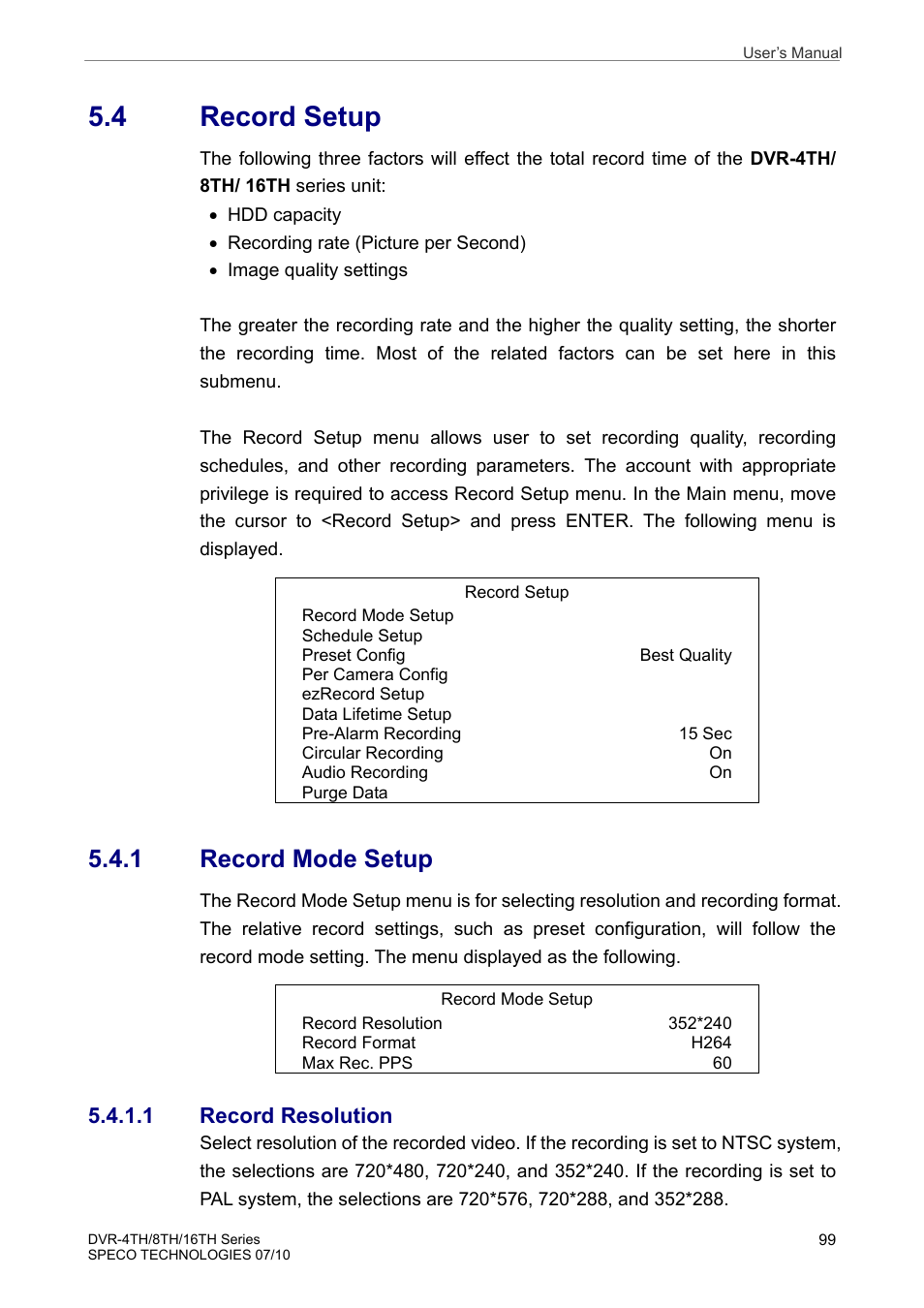 4 record setup, 1 record mode setup, 1 record resolution | Speco Technologies 8TH User Manual | Page 100 / 175