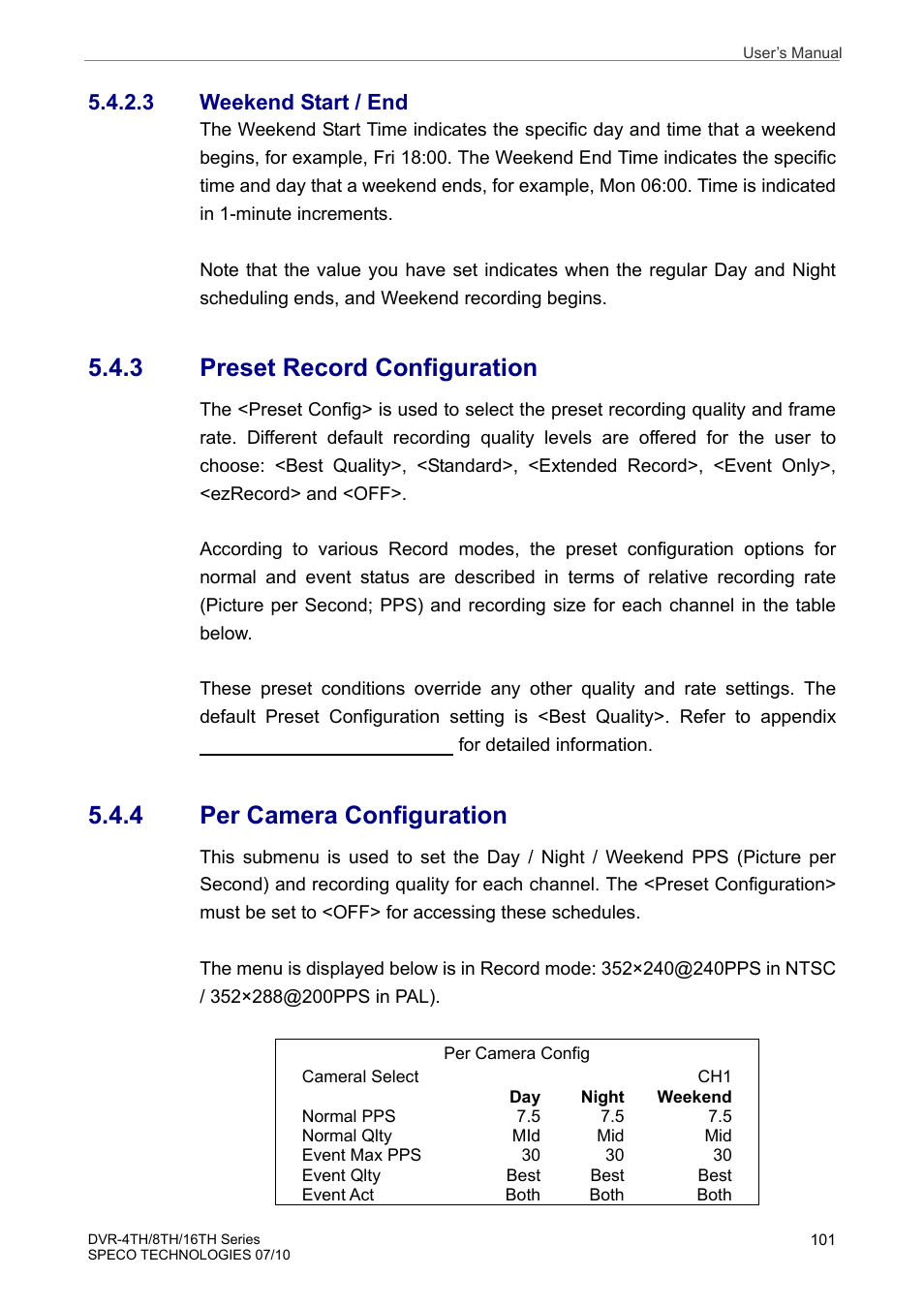 3 preset record configuration, 4 per camera configuration, 3 weekend start / end | Speco Technologies 8TH User Manual | Page 102 / 175