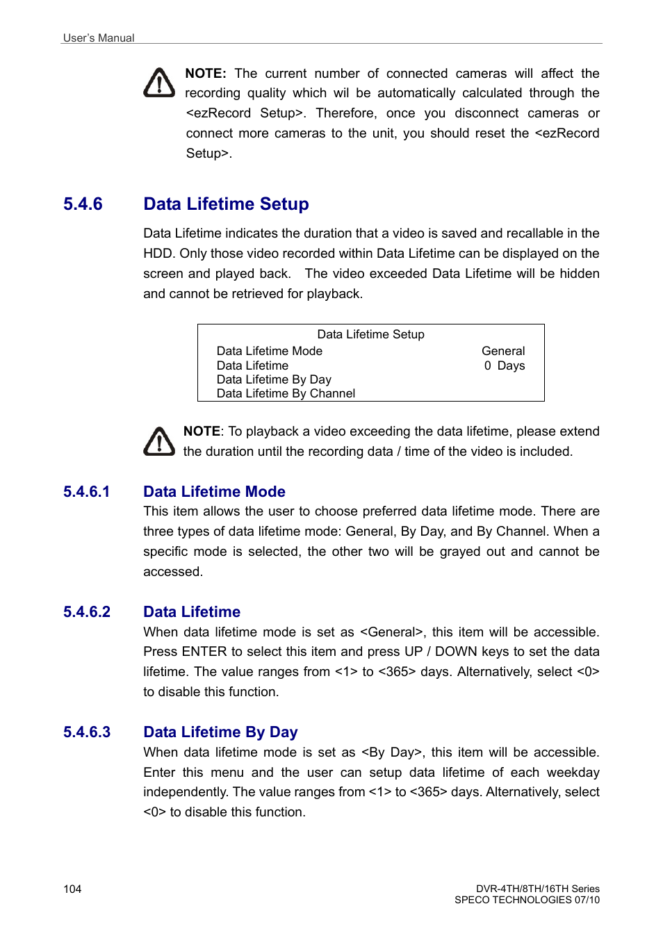 6 data lifetime setup | Speco Technologies 8TH User Manual | Page 105 / 175